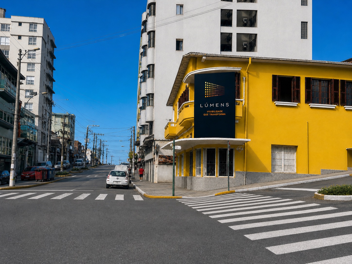 Simulação do painel vertical da LÚMENS na esquina de um edifício amarelo em Antônio Prado